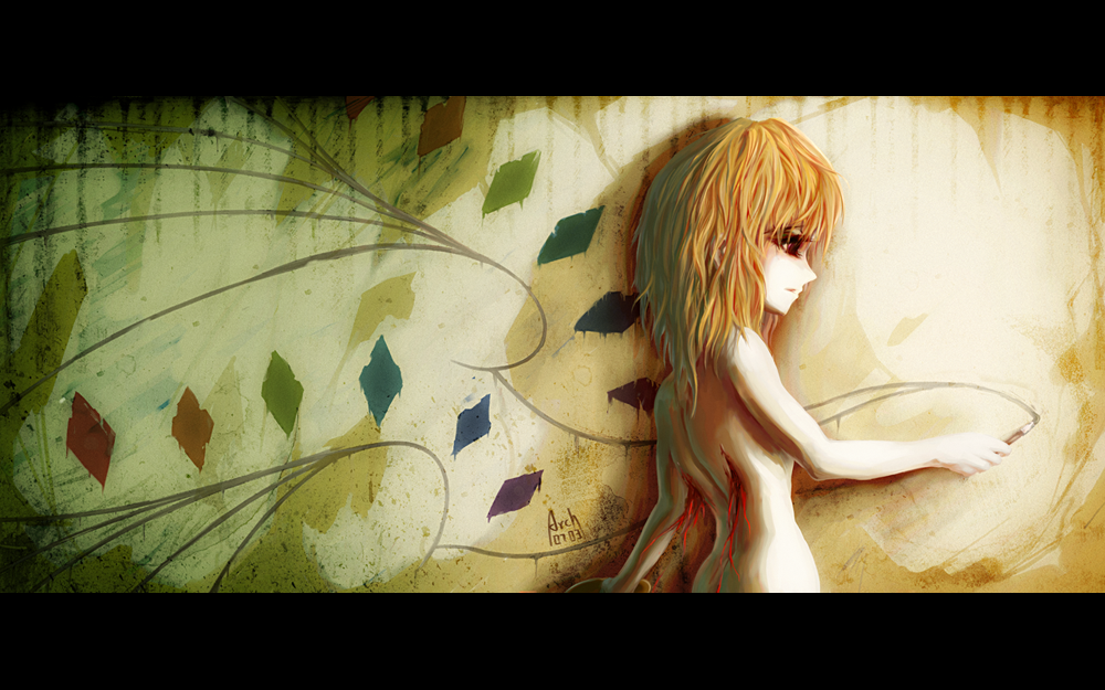 archlich, flandre scarlet, touhou, 1girl, artist name, bleeding, blonde hair, blood, completely nude, dated, female focus, injury, letterboxed, no wings, nude, paintbrush, painting (action), solo, upper body