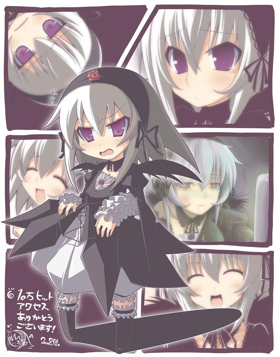 crazy developers, suigintou, rozen maiden, 00s, 1girl, 2008, ^^^, ^ ^, bags under eyes, black wings, chibi, closed eyes, collarbone, computer, dated, dress, drooling, flower, frills, grey hair, hairband, long hair, purple eyes, rose, smile, wings