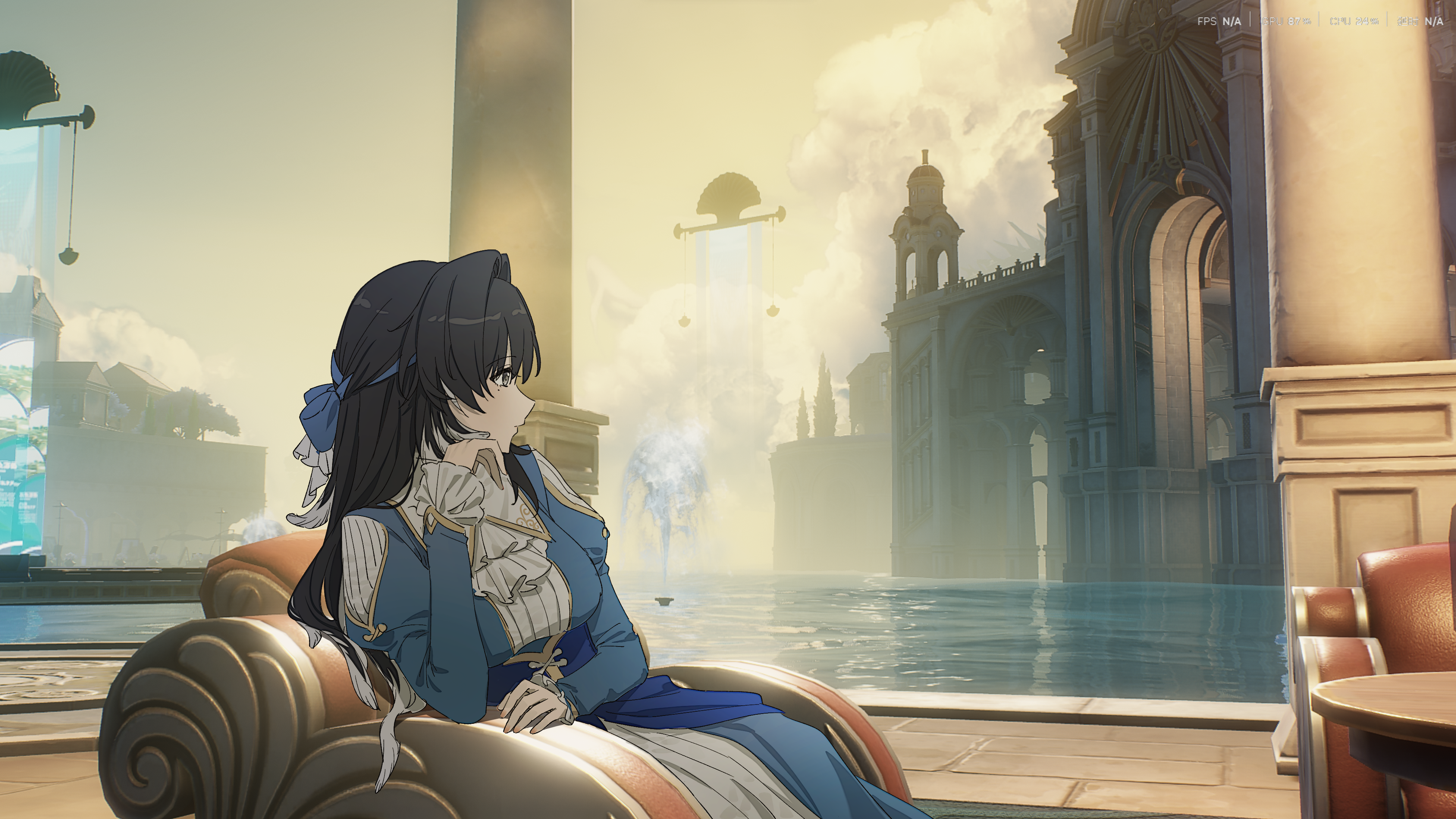 kohane kun, yangyang (wuthering waves), wuthering waves, absurdres, check clothing, chinese commentary, clothing request, commentary request, highres, 1girl, alternate costume, ascot, black eyes, black hair, blue bow, blue dress, bow, breasts, dress, feather hair, from side, game screenshot background, hair bow, hand up, layered dress, long hair, looking afar, medium breasts, mole, mole under eye, morning, screenshot background, solo, white ascot, white dress