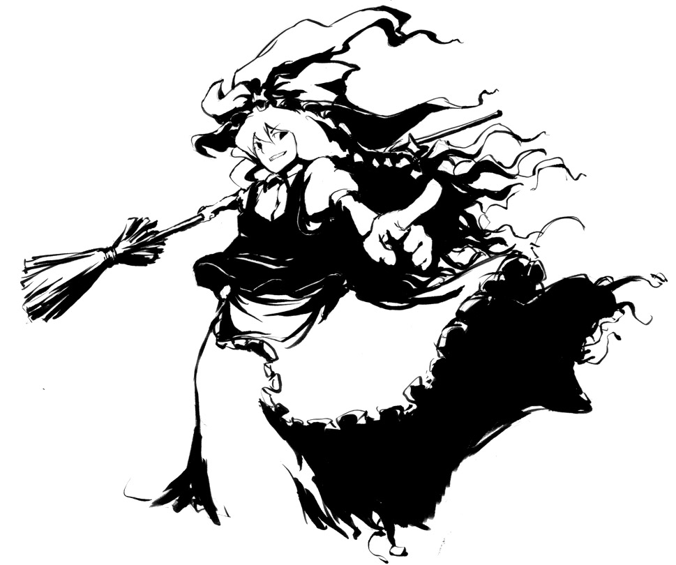 kasa (hitori sanka), kirisame marisa, touhou, bad id, bad pixiv id, traditional media, 1girl, apron, broom, female focus, foreshortening, greyscale, grin, high contrast, monochrome, pointing, smile, solo, witch