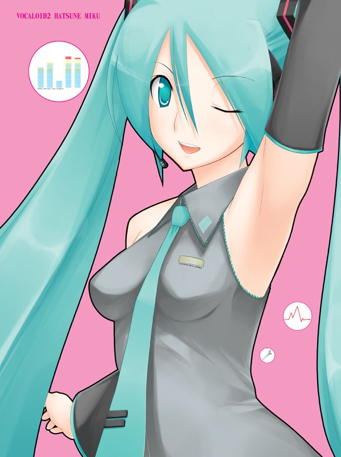 yoshino gaya, hatsune miku, vocaloid, 1girl, armpits, breasts, female focus, long hair, one eye closed, simple background, solo, twintails, very long hair, wink