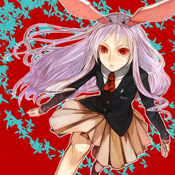 xero, reisen udongein inaba, touhou, light purple hair, jpeg artifacts, 1girl, animal ears, blazer, female focus, jacket, necktie, pleated skirt, rabbit ears, red eyes, red necktie, skirt, solo