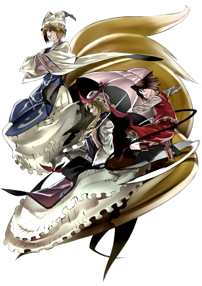 onigunsou, chen, yakumo ran, yakumo yukari, touhou, 3girls, animal ears, animal hat, blonde hair, boots, brown hair, cat ears, cat girl, cat tail, dress, earrings, female focus, fox tail, gap (touhou), hands in opposite sleeves, hat, jewelry, jumping, long hair, long sleeves, mob cap, motion blur, multiple girls, multiple tails, parasol, serious, short hair, tail, tassel, umbrella, wide sleeves