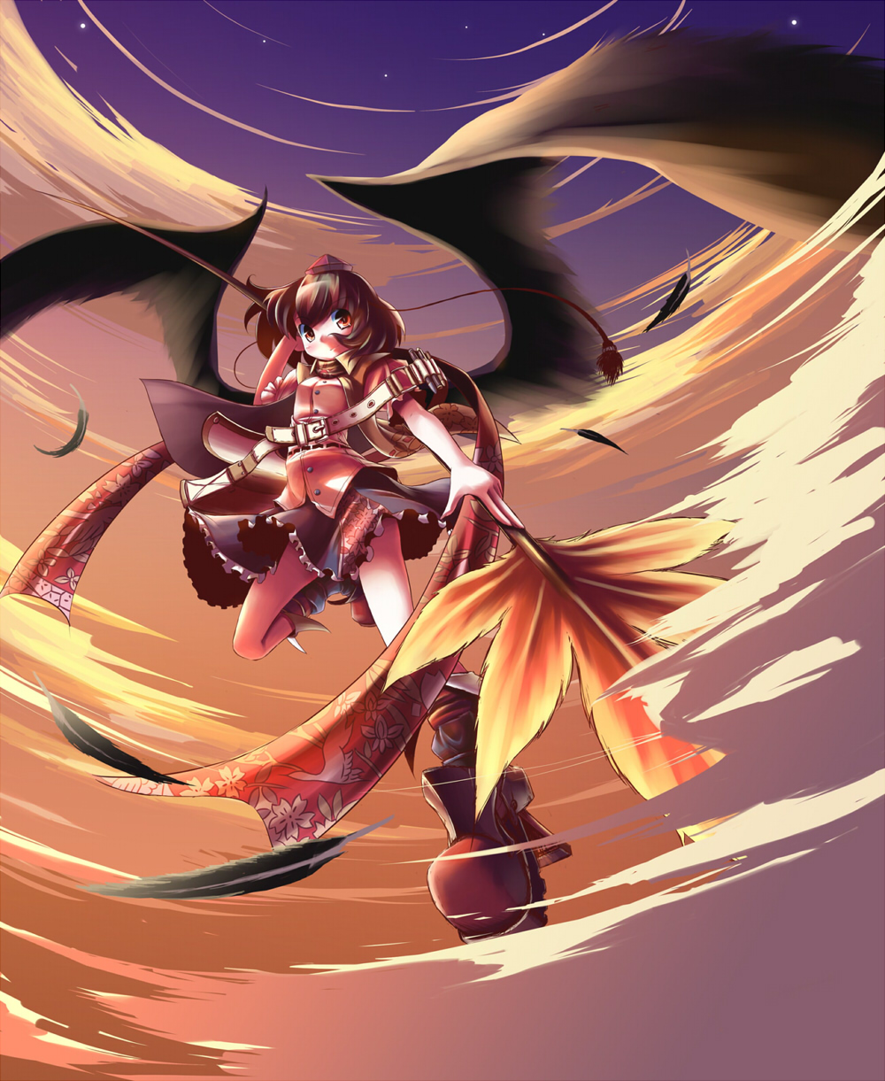 takahero, shameimaru aya, touhou, highres, 1girl, female focus, geta, hat, looking at viewer, solo, tengu-geta