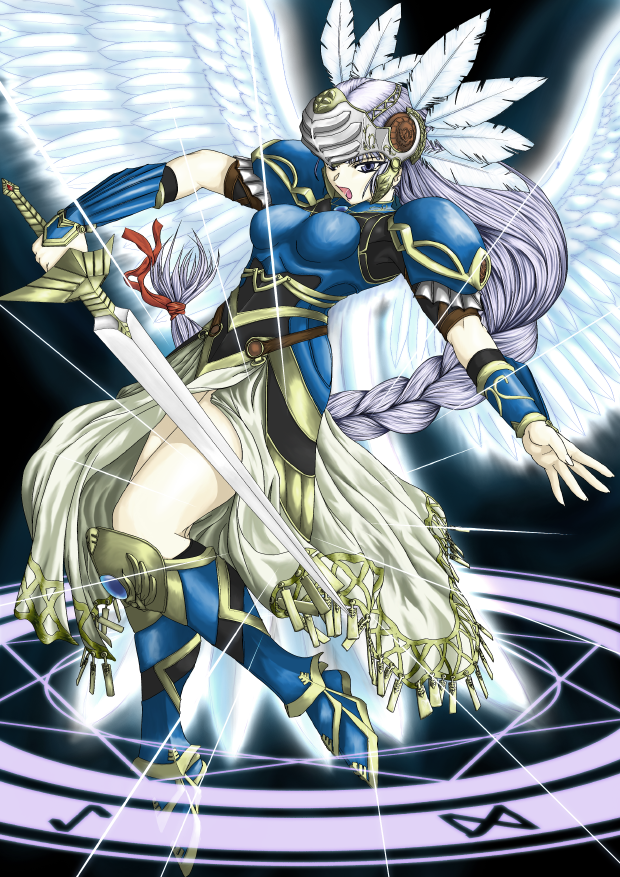 lenneth valkyrie, valkyrie profile (series), 1girl, armor, armored dress, braid, dress, long hair, low-braided long hair, low-tied long hair, magic circle, sword, weapon, wings