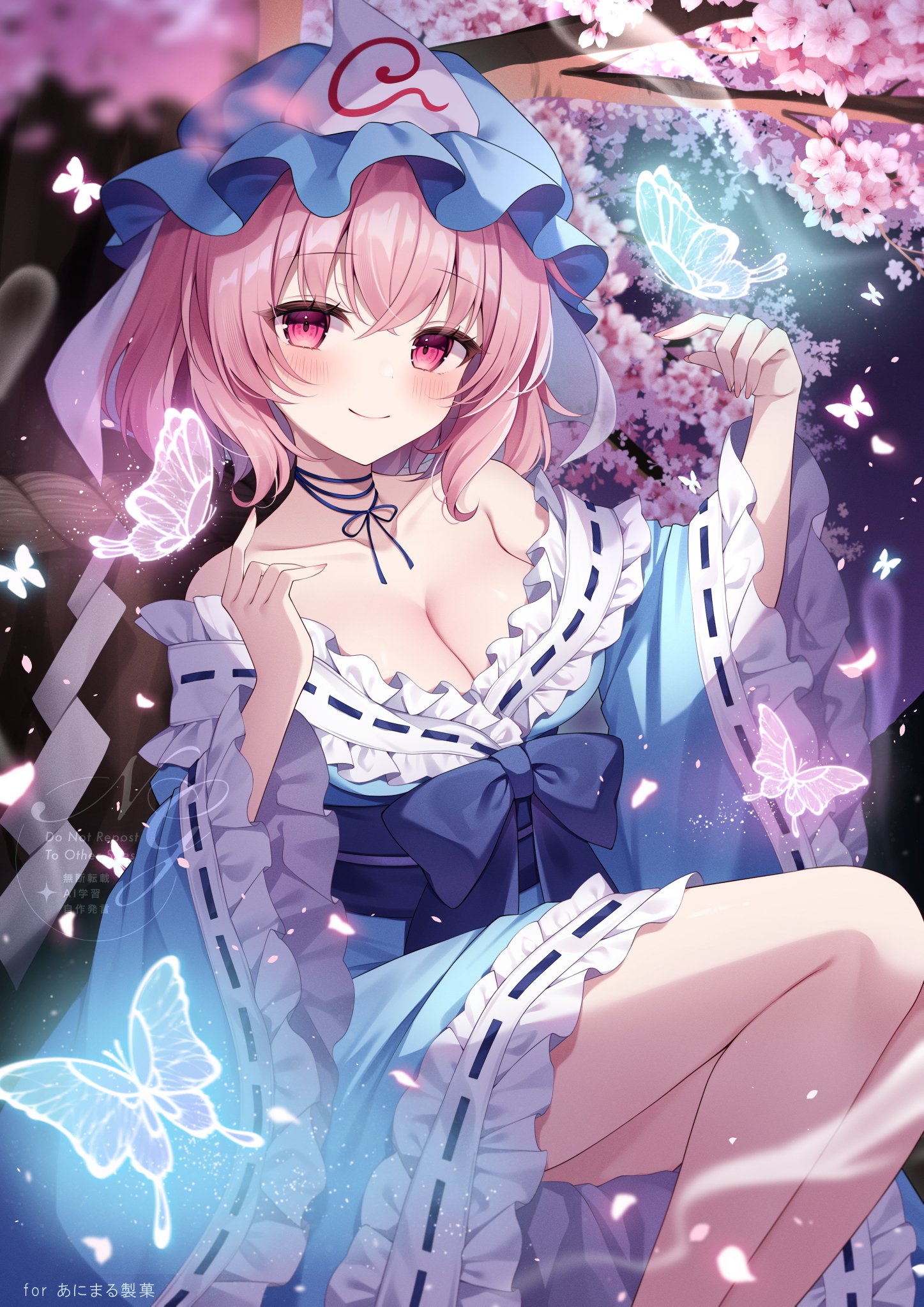 miy@, saigyouji yuyuko, touhou, commentary, highres, 1girl, blue bow, blue hat, blue kimono, blue sash, bow, breasts, bug, butterfly, cherry blossoms, choker, cleavage, closed mouth, frilled kimono, frills, hat, insect, japanese clothes, kimono, large breasts, long sleeves, looking at viewer, mob cap, obi, off shoulder, pink eyes, pink hair, ribbon-trimmed sleeves, ribbon choker, ribbon trim, sash, short hair, smile, solo, tree, triangular headpiece, watermark, wide sleeves