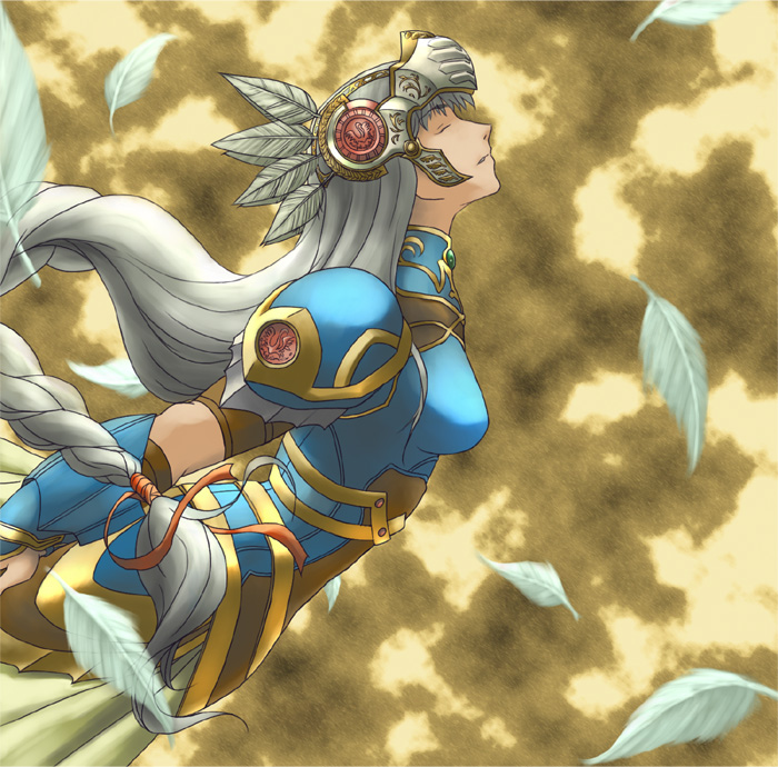 lenneth valkyrie, valkyrie profile (series), 1girl, armor, armored dress, braid, brown background, closed eyes, dress, helmet, leaf, long hair, low-braided long hair, low-tied long hair