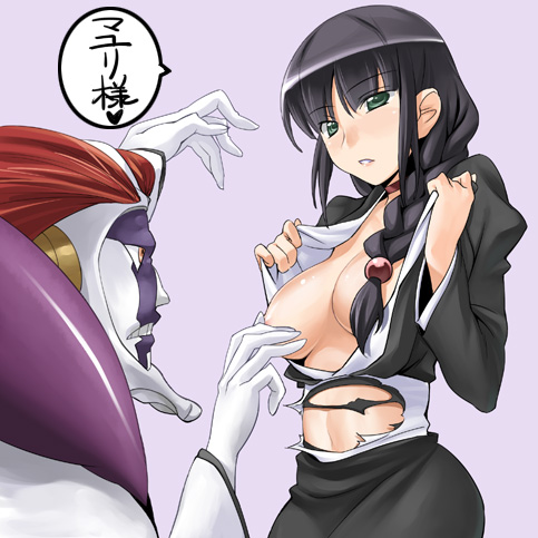 chikugen shiina, kurotsuchi mayuri, kurotsuchi nemu, bleach, lowres, translation request, 00s, 1boy, 1girl, black hair, braid, breasts, breasts out, choker, father and daughter, green eyes, groping, haori, incest, japanese clothes, japanese text, nipple stimulation, nipple tweak, nipples, shihakusho, single braid, taichou haori, torn clothes, undressing