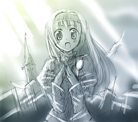 alicia, alicia (valkyrie profile 2), valkyrie profile (series), valkyrie profile 2: silmeria, lowres, 1girl, :d, feathers, female focus, hairband, long hair, open mouth, puffy sleeves, smile, solo, standing