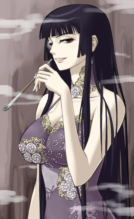 you2, ichihara yuuko, xxxholic, 00s, 1girl, black hair, blunt bangs, female focus, hime cut, kiseru, long hair, smoking, smoking pipe, solo