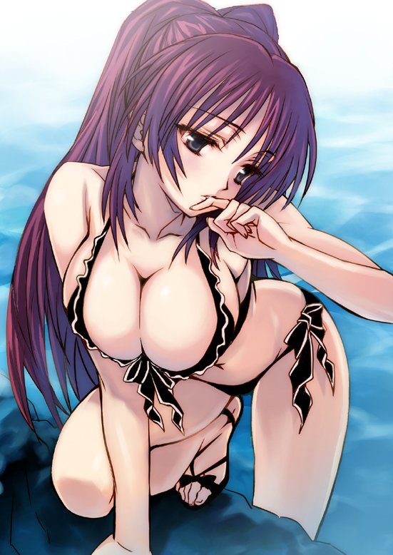 toppuhamuhatto, kousaka tamaki, to heart (series), to heart 2, biting finger, bad id, bad pixiv id, 00s, 1girl, bikini, biting, black bikini, blush, breasts, brown eyes, cleavage, female focus, frilled bikini, frills, front-tie top, large breasts, long hair, purple hair, red hair, sandals, side-tie bikini bottom, solo, swimsuit, twintails, water