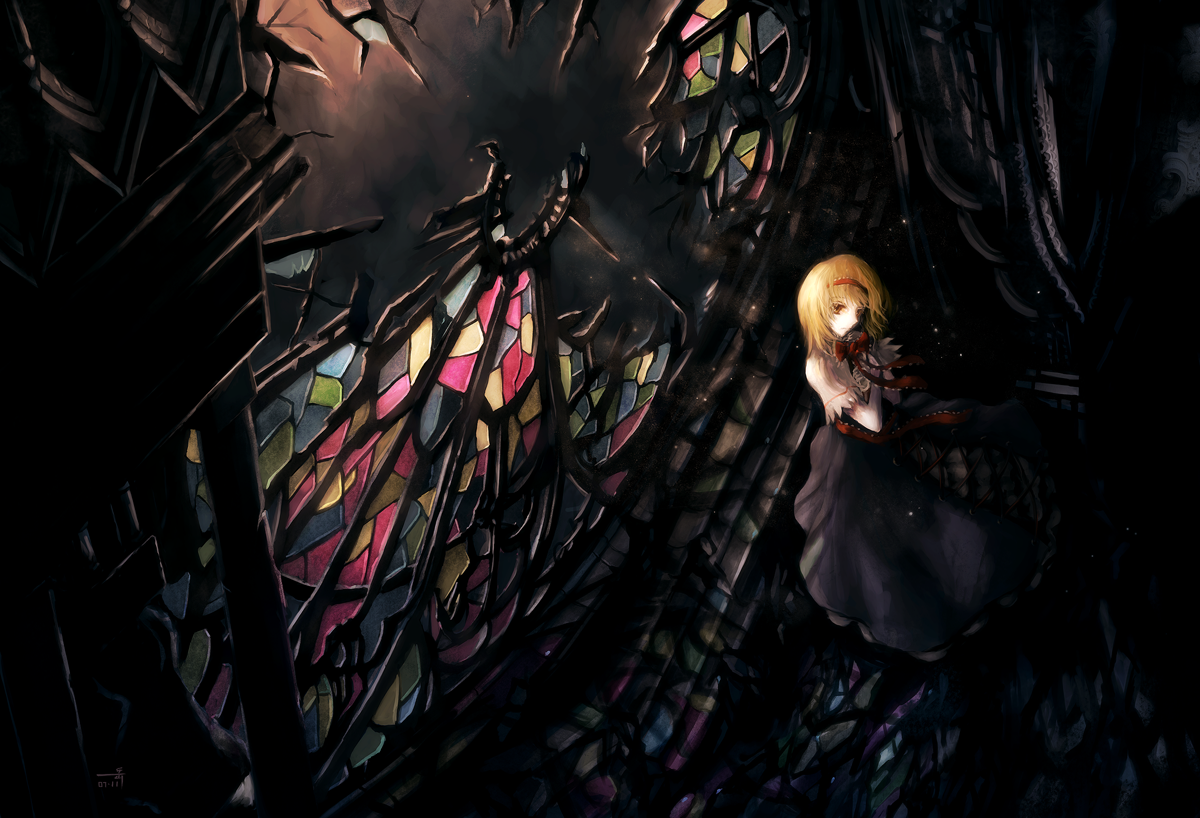 archlich, alice margatroid, touhou, bad id, bad pixiv id, 1girl, blonde hair, blue dress, blue eyes, capelet, closed mouth, dark, dress, expressionless, female focus, frills, from above, hairband, indoors, looking at viewer, looking up, pale skin, puffy short sleeves, puffy sleeves, ruins, short hair, short sleeves, solo, stained glass
