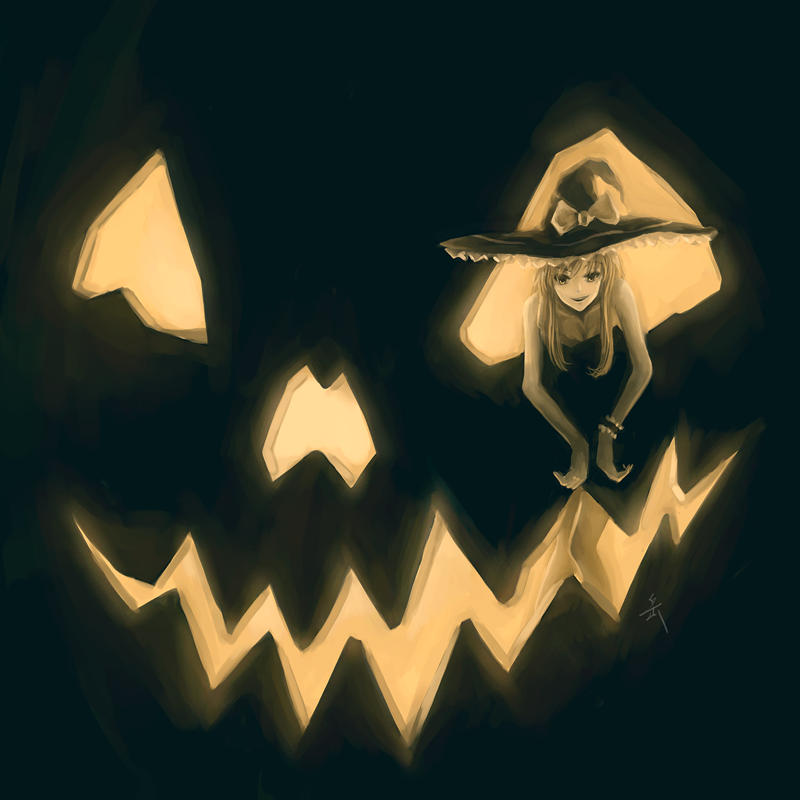 archlich, kirisame marisa, touhou, bad id, bad pixiv id, 1girl, blonde hair, bow, female focus, halloween, hat, jack-o'-lantern, legs, long hair, monochrome, open mouth, pumpkin, smile, solo, witch hat, yellow eyes