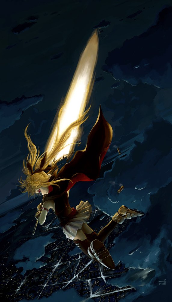 archlich, bardiche (nanoha), bardiche (zanber form) (nanoha), fate testarossa, fate testarossa (lightning form), lyrical nanoha, mahou shoujo lyrical nanoha, mahou shoujo lyrical nanoha a's, 00s, 1girl, armband, belt, blonde hair, cape, casing ejection, city, cityscape, cloud, female focus, flying, gloves, hair ribbon, miniskirt, outdoors, ribbon, shell casing, signature, skirt, sky, solo, sword, thighhighs, watermark, weapon