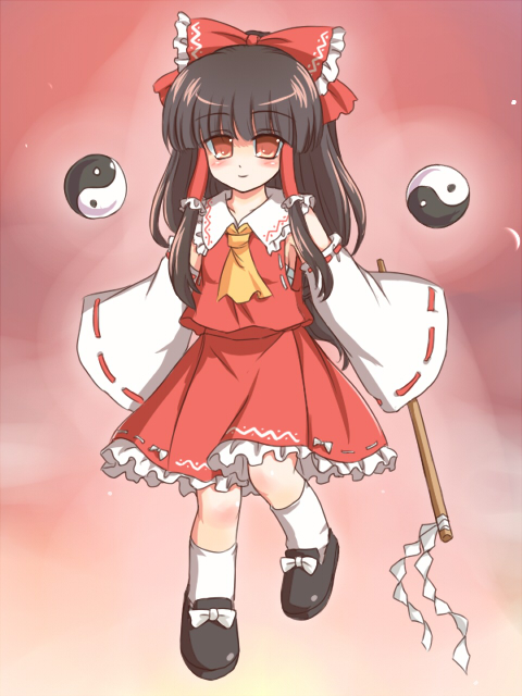 ry (yagoyago), hakurei reimu, touhou, 1girl, detached sleeves, female focus, full body, gohei, gradient background, japanese clothes, miko, ribbon, skirt, solo