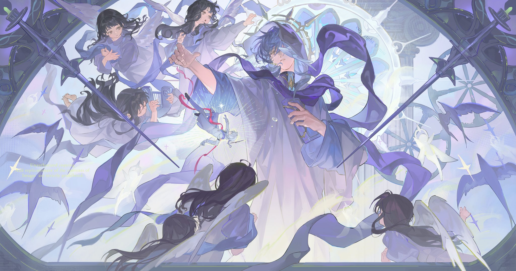 m iumiu1224, sunday (honkai: star rail), sunday (sacerdos' relived ordeal) (honkai: star rail), honkai: star rail, honkai (series), chinese commentary, highres, 2boys, 6+girls, alternate costume, angel, angel wings, bird, black hair, black shoes, book, border, cherub, closed eyes, coat, column, cowboy shot, dress, earrings, falling, feathered wings, gloves, gold earrings, grey hair, grey robe, hair between eyes, halo, halo behind head, head wings, holding, holding book, holding instrument, holding lyre, hood, hood up, hooded robe, instrument, jewelry, long hair, long sleeves, looking at another, lyre, male focus, medium hair, mini person, miniboy, multiple boys, multiple girls, one eye covered, ornate border, outside border, outstretched arm, pants, parted lips, peter pan collar, pillar, pink ribbon, purple scarf, ribbon, robe, scarf, scarf hold, shirt, shoes, sideways glance, size difference, spiked halo, spirit, stained glass, standing, sunburst, swallow (bird), sword, tears, turtleneck, turtleneck shirt, weapon, wheel, white coat, white dress, white gloves, white pants, white wings, wings, yellow eyes