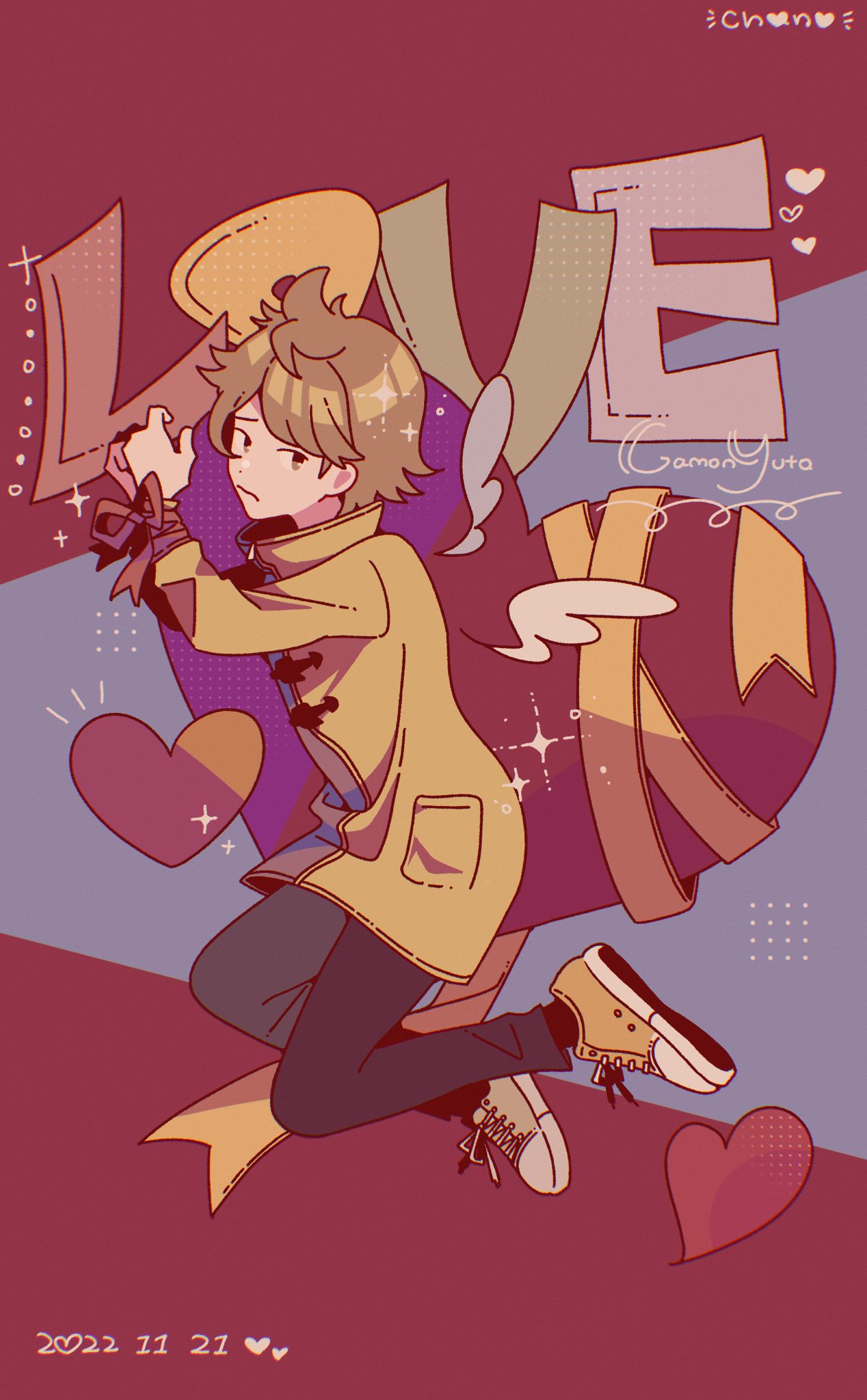 gamon yuuta, occultic;nine, science adventure, highres, 1boy, black pants, blush, brown coat, brown eyes, brown hair, coat, enomotochano, full body, green hair, heart, long sleeves, looking at viewer, male focus, multicolored coat, pants, shoes, short hair, sneakers, solo, wavy mouth, yellow coat, yellow shoes