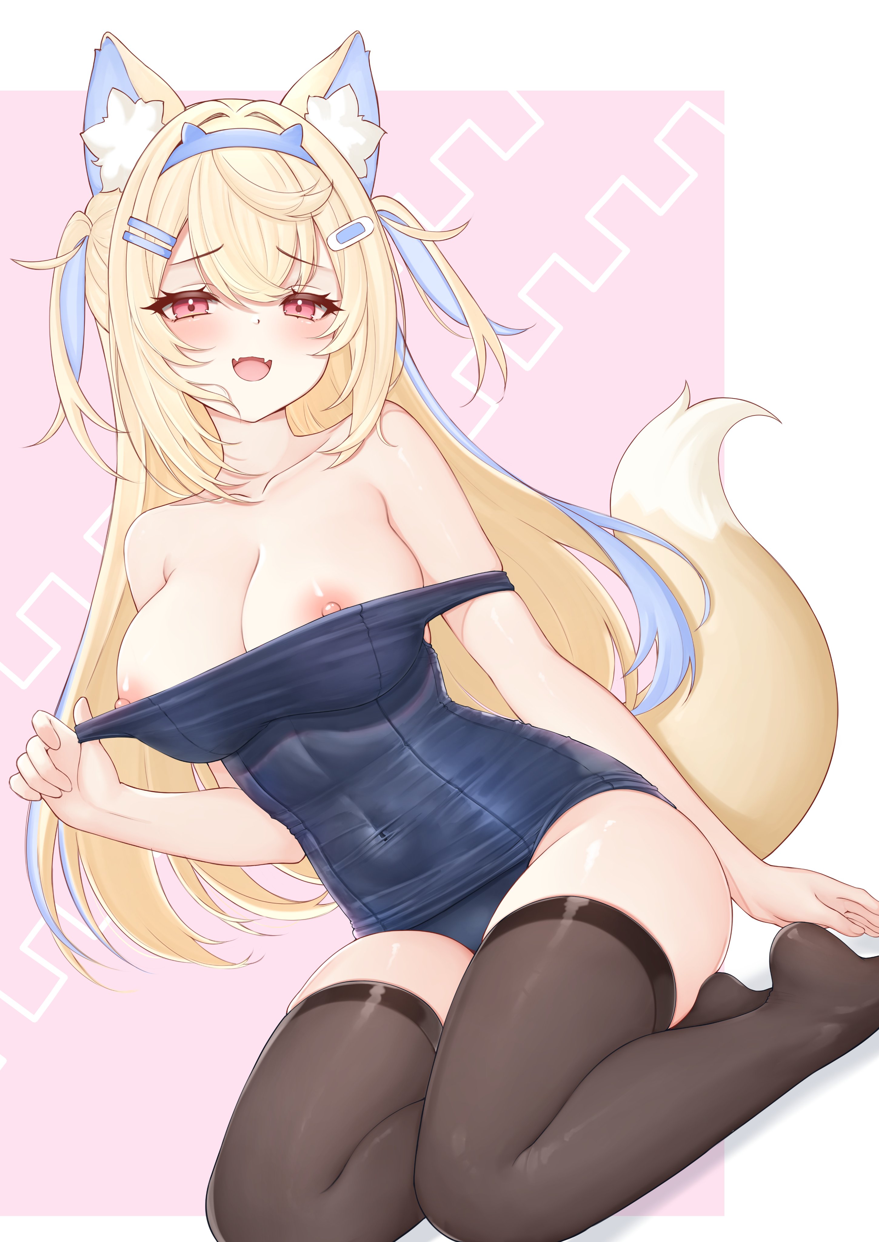 honon, fuwawa abyssgard, hololive, absurdres, highres, 1girl, animal ear fluff, animal ears, black thighhighs, blonde hair, blue hair, breasts, cleavage, clothes pull, dog ears, dog girl, dog tail, hair ornament, large breasts, long hair, multicolored hair, nipples, one-piece swimsuit, one-piece swimsuit pull, pink eyes, school swimsuit, solo, swimsuit, tail, thighhighs, two side up, virtual youtuber