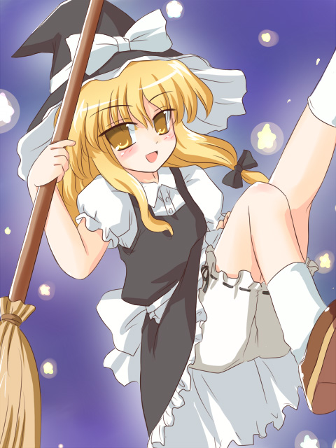 ry (yagoyago), kirisame marisa, touhou, 1girl, blonde hair, bloomers, broom, dress, female focus, gradient background, hair ribbon, hat, outdoors, ribbon, sky, solo, underwear, white bloomers, witch, witch hat, yellow eyes