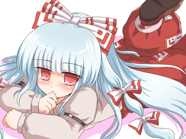 ry (yagoyago), fujiwara no mokou, touhou, eyebrows, 1girl, armlet, blunt bangs, blush, buckle, feet up, female focus, jewelry, loafers, long sleeves, looking at viewer, lying, ofuda, on stomach, pants, red eyes, shoe soles, shoes, simple background, solo, suspenders, white background