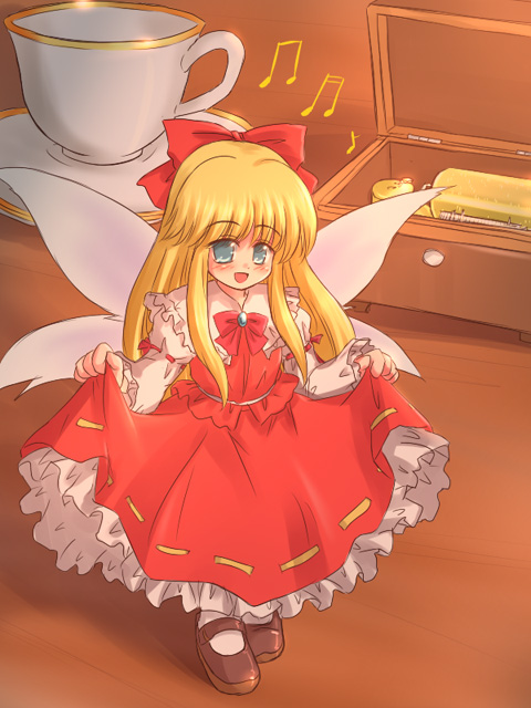ry (yagoyago), shanghai doll, touhou, 1girl, blonde hair, blue eyes, cup, doll, female focus, full body, hair ribbon, music box, ribbon, solo, standing, teacup, wings