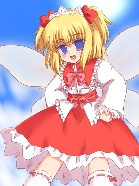 ry (yagoyago), sunny milk, eastern and little nature deity, touhou, touhou sangetsusei, 1girl, :d, belt, blonde hair, blue eyes, blue sky, collar, day, dress, fairy, fairy wings, female focus, frilled collar, frilled shirt collar, frills, hands on own hips, headband, long sleeves, looking at viewer, open mouth, outdoors, red dress, sky, smile, solo, sun, sunlight, thighhighs, white thighhighs, wings, zettai ryouiki