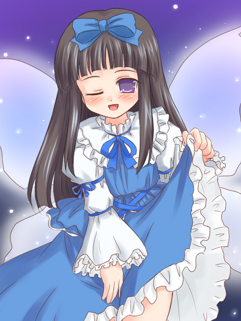 ry (yagoyago), star sapphire, eastern and little nature deity, touhou, touhou sangetsusei, 1girl, ;d, black hair, blue bow, blue dress, bow, brown hair, collar, dress, female focus, frilled sleeves, frills, hair bow, long hair, long sleeves, one eye closed, open mouth, purple eyes, skirt hold, smile, solo, standing, very long hair, wink