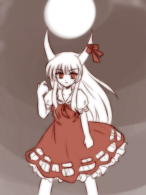 ry (yagoyago), ex-keine, kamishirasawa keine, touhou, 1girl, female focus, monochrome, moon, red theme, solo
