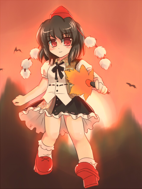 ry (yagoyago), shameimaru aya, touhou, 1girl, blush, female focus, geta, hand fan, hat, holding, holding fan, looking at viewer, smile, solo, tengu-geta