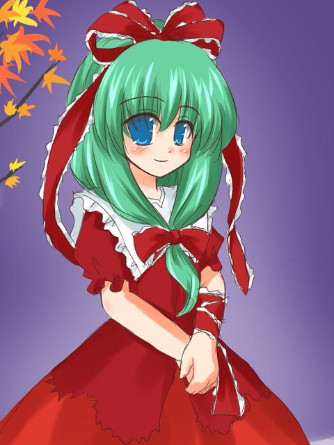 ry (yagoyago), kagiyama hina, touhou, 1girl, blue eyes, female focus, front ponytail, green hair, hair ribbon, ribbon, solo