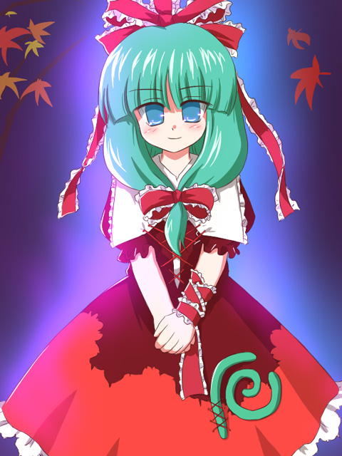 ry (yagoyago), kagiyama hina, touhou, 1girl, autumn leaves, blue background, blue eyes, dress, falling leaves, female focus, frills, front ponytail, green hair, leaf, looking at viewer, own hands together, puffy short sleeves, puffy sleeves, red dress, shawl, short sleeves, simple background, solo, standing, v arms, wrist cuffs