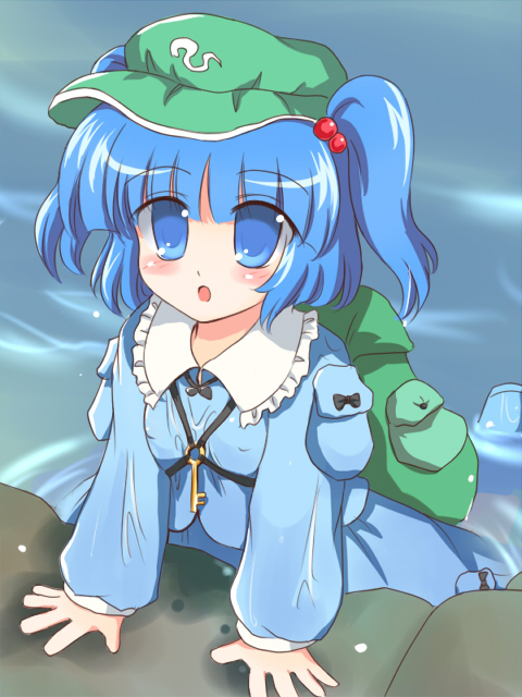 ry (yagoyago), kawashiro nitori, touhou, 1girl, :o, backpack, bag, blue dress, blue eyes, blue hair, collar, dress, female focus, hair bobbles, hair ornament, jewelry, key, long sleeves, looking at viewer, matching hair/eyes, necklace, open mouth, partially submerged, pendant, pocket, river, solo, two side up, upper body, water, wet, wet clothes, wet dress