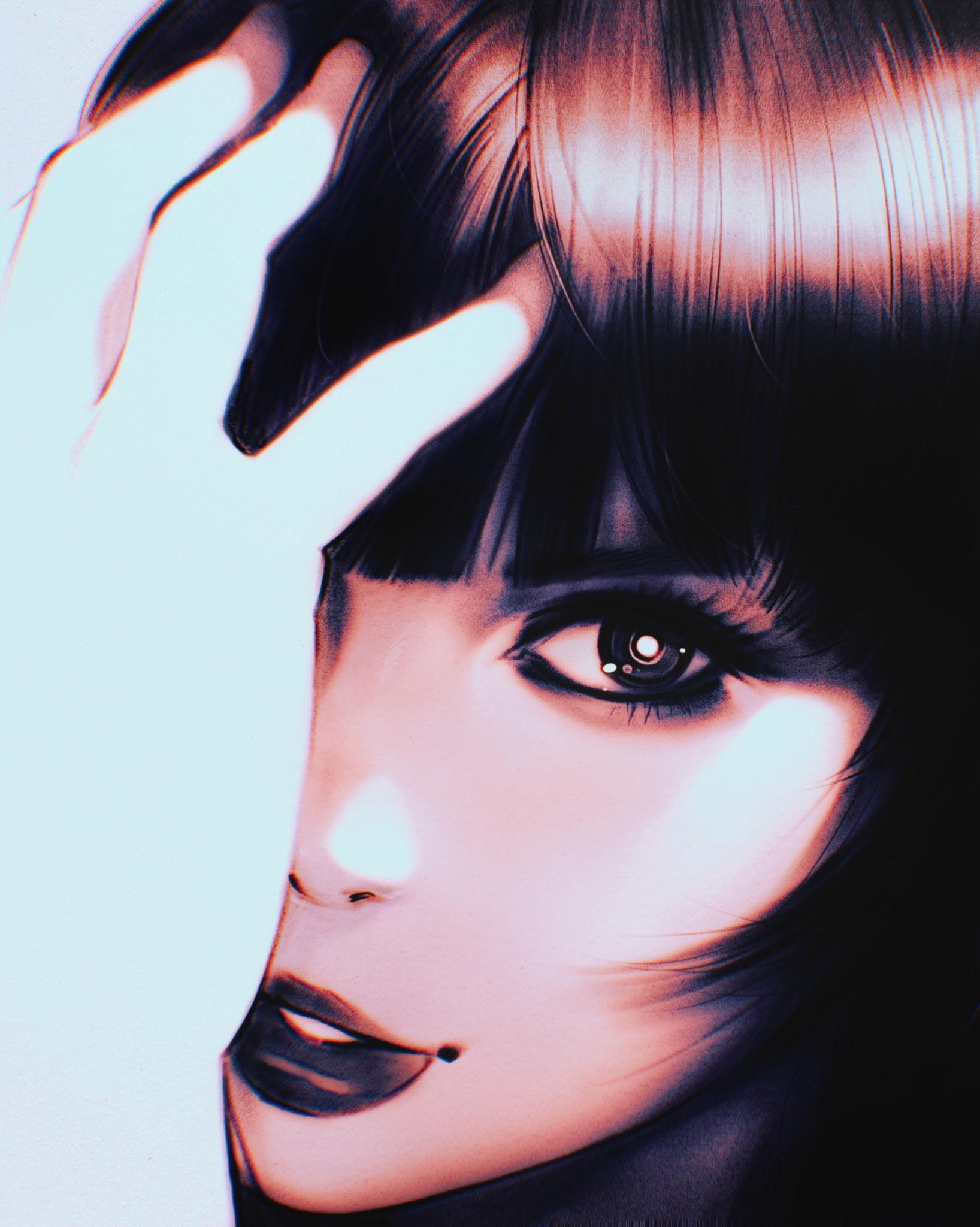 ilya kuvshinov, original, highres, 1girl, black hair, bright pupils, close-up, covering one eye, hand over eye, lipstick, looking at viewer, makeup, overexposure, solo