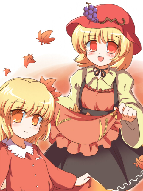ry (yagoyago), aki minoriko, aki shizuha, touhou, 2girls, blonde hair, clothes lift, female focus, food, fruit, grapes, hair ornament, hat, leaf, leaf hair ornament, leaf on head, multiple girls, object on head, orange eyes, short hair, siblings, sisters, skirt, skirt lift, smile, yellow eyes
