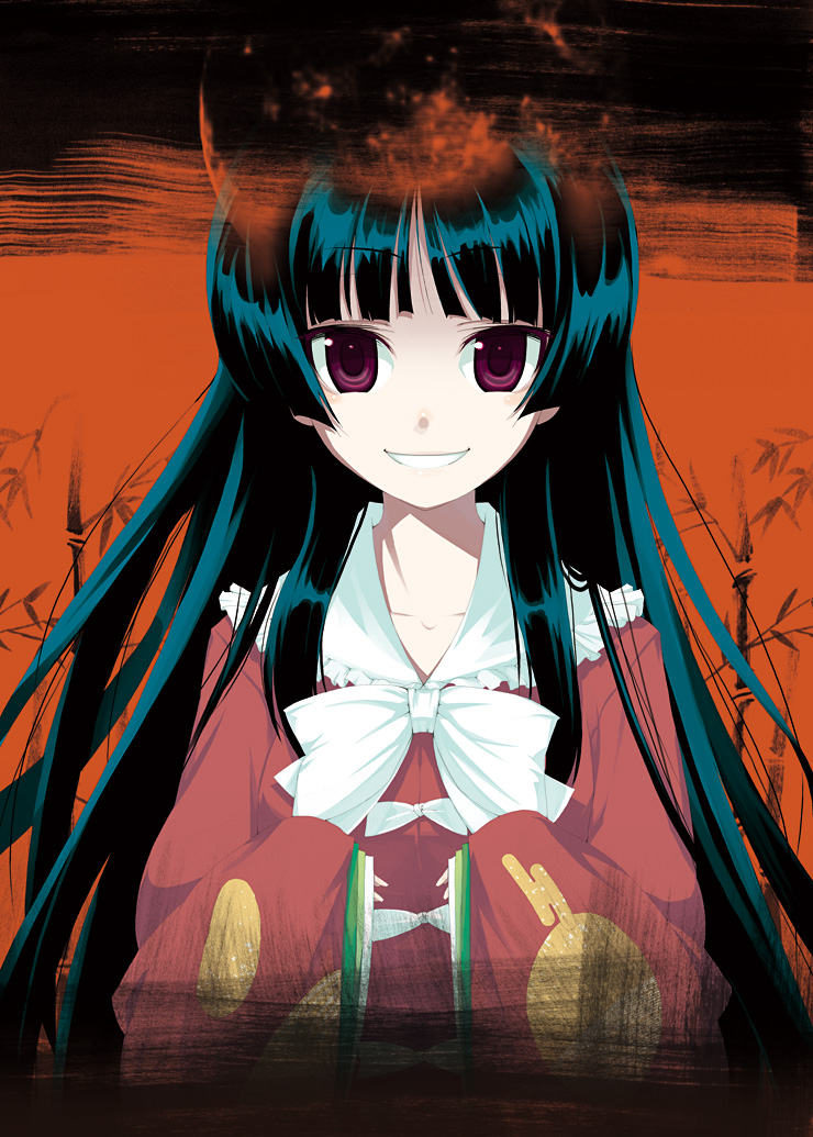 kabayaki unagi, houraisan kaguya, touhou, 1girl, bamboo, black hair, female focus, frills, grin, hime cut, long hair, long sleeves, moon, necktie, purple eyes, sleeves past wrists, smile, solo, wide sleeves