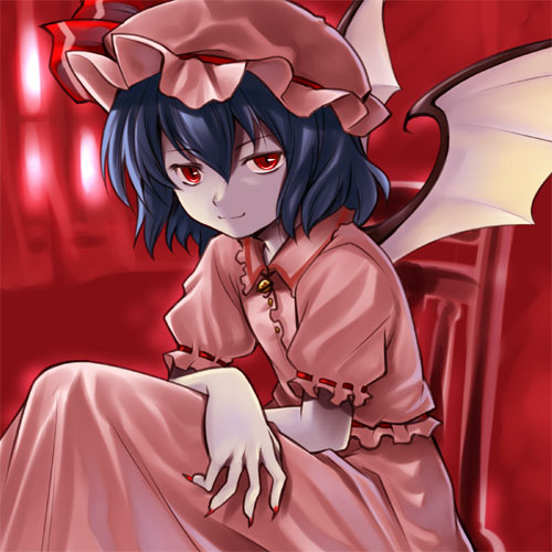 sakumo, sakumo (karatama), remilia scarlet, touhou, lowres, 1girl, bat wings, female focus, hat, solo, wings