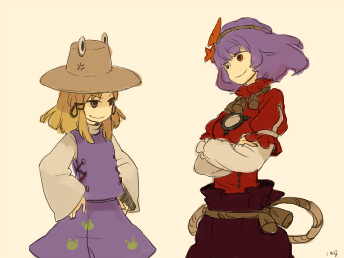 iwamoto zerogo, moriya suwako, pyonta, yasaka kanako, touhou, 2girls, anger vein, angry, blonde hair, collar, crossed arms, eye contact, female focus, hair ornament, hands on own hips, hat, height difference, leaf hair ornament, long sleeves, looking at another, multiple girls, purple eyes, purple hair, red eyes, rope, shimenawa, short hair, simple background, skirt, skirt set, smile, turtleneck, wide sleeves