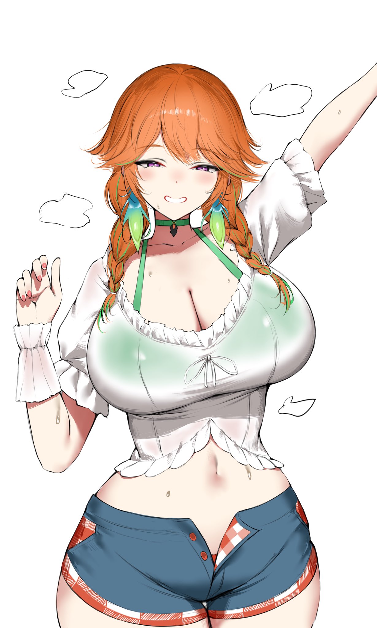 mulhubs, takanashi kiara, takanashi kiara (casual), hololive, hololive english, highres, 1girl, arm up, bikini, bikini under clothes, braid, breasts, choker, cleavage, denim, denim shorts, earrings, feather earrings, feathers, green bikini, green choker, jewelry, large breasts, looking at viewer, midriff, navel, official alternate costume, open clothes, open fly, open shorts, orange hair, purple eyes, shorts, simple background, smile, solo, sweat, swimsuit, twin braids, virtual youtuber, white background