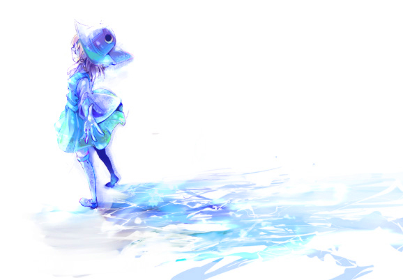 cis (carcharias), moriya suwako, touhou, 1girl, blonde hair, blue hat, blue skirt, blue theme, blue vest, closed eyes, female focus, hair ornament, hair ribbon, hat, legs apart, long sleeves, mary janes, outstretched arms, ribbon, shadow, shoes, skirt, skirt set, solo, spread arms, standing, thighhighs, vest, white background, white thighhighs, wide sleeves
