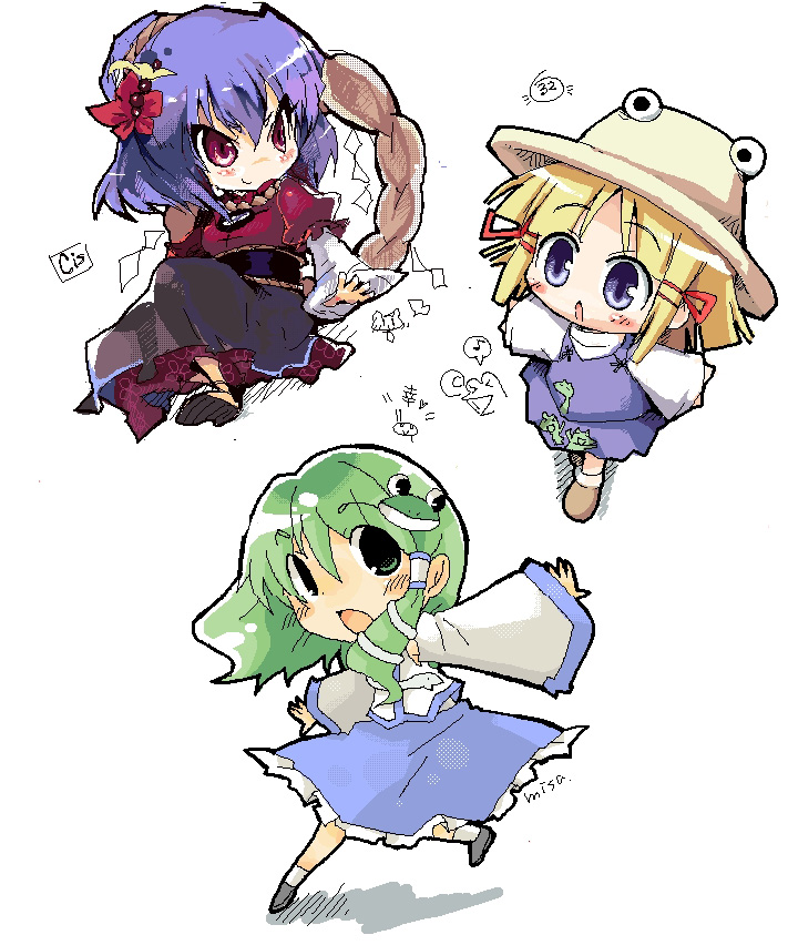 cis (carcharias), kochiya sanae, moriya suwako, yasaka kanako, touhou, 3girls, chibi, female focus, hair ornament, hat, leaf hair ornament, multiple girls, oekaki, rope, shimenawa