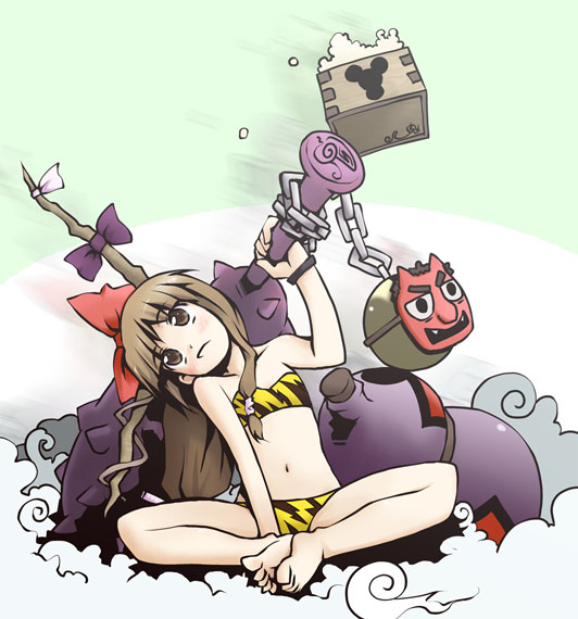 kannazuki hato, ibuki suika, touhou, 1girl, animal print, bandeau, barefoot, bikini, bow, brown eyes, brown hair, butterfly sitting, chain, club, club (weapon), feet, female focus, flat chest, gourd, hair bow, head tilt, horns, kanabou, long hair, mamemaki, mask, masu, navel, oni, oni mask, red oni, setsubun, sitting, solo, strapless, strapless bikini, swimsuit, tiger print, tube top, weapon