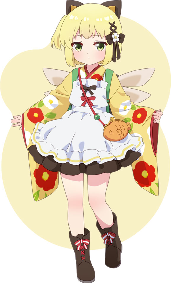 hara yui, gekka (prima doll), prima doll (anime), official art, 1girl, anime coloring, apron, bag, black bow, blonde hair, blush, boots, bow, brown bag, brown boots, closed mouth, floral print, flower, full body, green eyes, hair bow, hair flower, hair ornament, hands up, japanese clothes, kimono, long sleeves, looking at viewer, red bow, short hair, short kimono, shoulder bag, solo, standing, two-tone background, white apron, white background, wide sleeves, x hair ornament, yellow background, yellow kimono