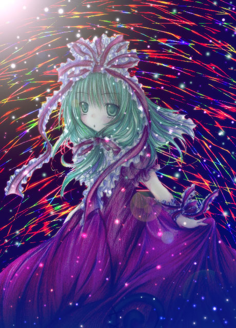 kasuga sunao, kagiyama hina, touhou, 1girl, blush, dress, female focus, frills, front ponytail, glowing, green eyes, green hair, looking at viewer, matching hair/eyes, puffy short sleeves, puffy sleeves, red dress, shaded face, shawl, short sleeves, skirt hold, solo, sparkle, upper body, wrist cuffs