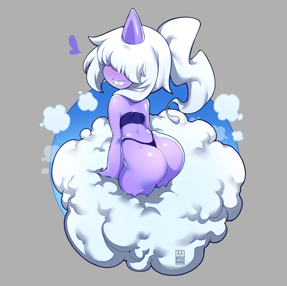 bayeuxman, dazzi, palworld, 1girl, artist name, ass, cloud, colored skin, grey background, hair over eyes, horns, long hair, pal (creature), panties, ponytail, purple horns, purple panties, purple skin, purple tube top, simple background, single horn, solo, strapless, tube top, underwear, white hair