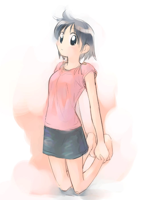 ikeda jun (mizutamari), original, 1girl, barefoot, black eyes, black hair, black skirt, blush, feet, female focus, full body, kneeling, looking at viewer, miniskirt, shirt, short hair, short sleeves, skirt, solo, t-shirt, toes