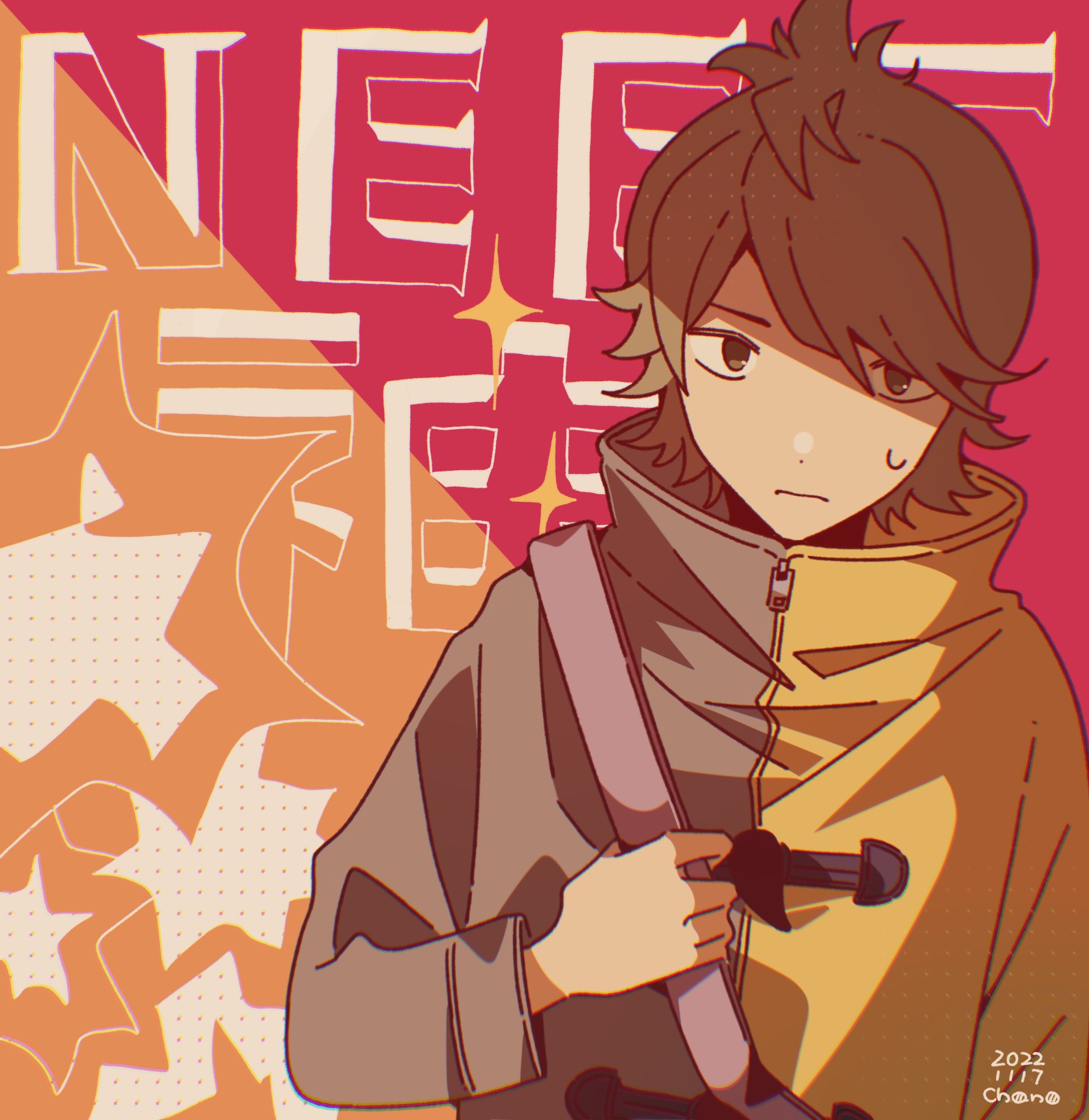 gamon yuuta, occultic;nine, science adventure, highres, tagme, 1boy, artist name, bag, brown coat, brown eyes, brown hair, closed mouth, coat, dated, enomotochano, hair over one eye, holding, holding bag, long sleeves, looking at viewer, male focus, multicolored coat, nervous sweating, pink bag, short hair, solo, sweat, sweatdrop, twitter username, upper body, yellow coat