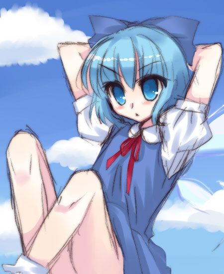 cirno, embodiment of scarlet devil, touhou, 1girl, bow, day, female focus, sitting, sketch, solo, v-shaped eyebrows, wings