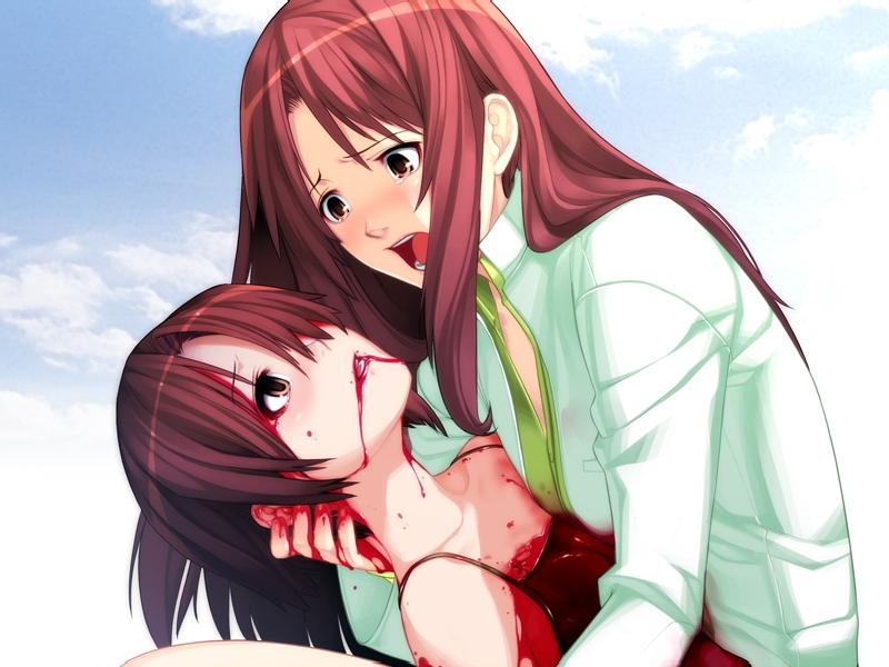 chuuou higashiguchi, watabe fuuko, watabe komaki, angelos armas, game cg, 2girls, blood, blood from mouth, brown hair, dying, guro, holding, multiple girls, tears, yellow eyes