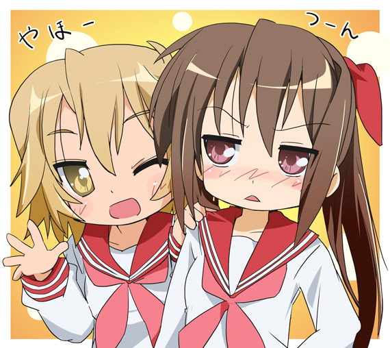 ixy, nagamori yamato, yasaka kou, lucky star, 00s, blonde hair, brown hair, long hair, school uniform, serafuku, short hair, wink