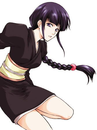 kurotsuchi nemu, bleach, lowres, 00s, black hair, braid, japanese clothes, kimono, long hair, miniskirt, purple eyes, purple hair, single braid, skirt, solo